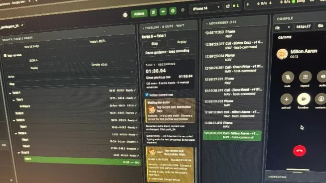 Development playback controls beside a mirrored phone call screen.