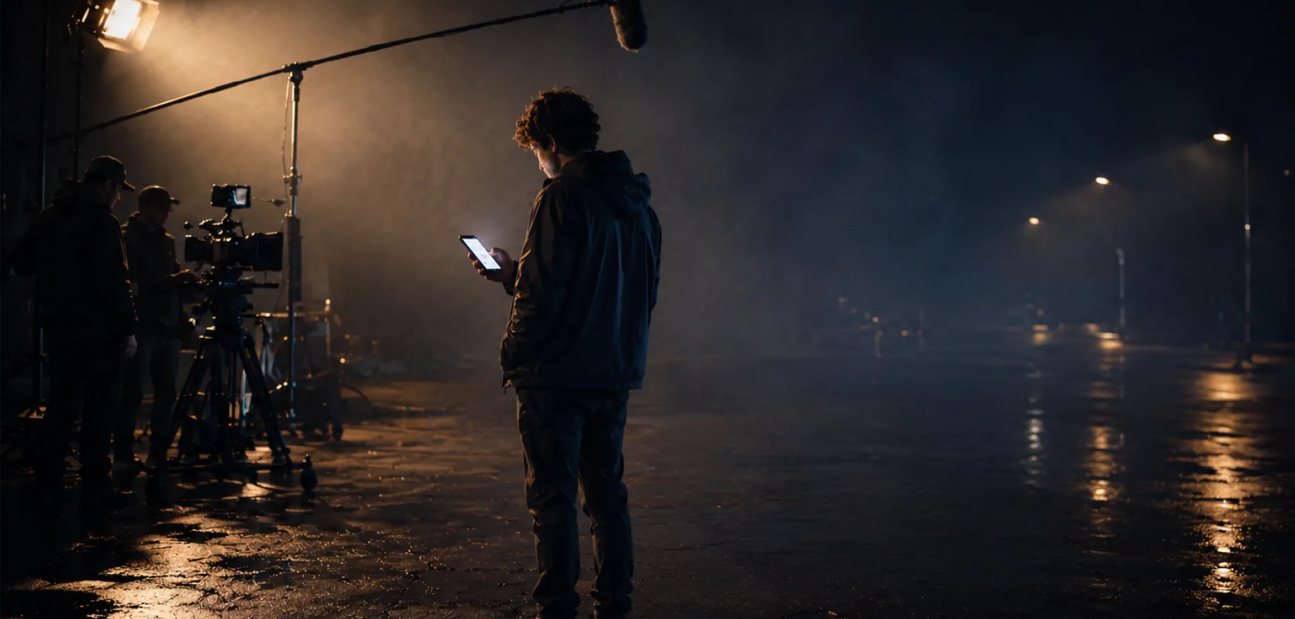 An illustrative film-set scene: an actor holding a prop phone, with a camera crew nearby.